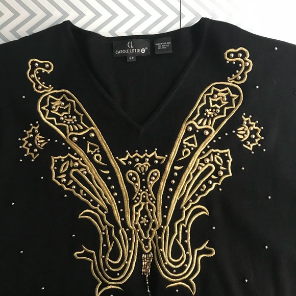 Carole Little 2X wool black & gold holiday sweater - Picture 2 of 8